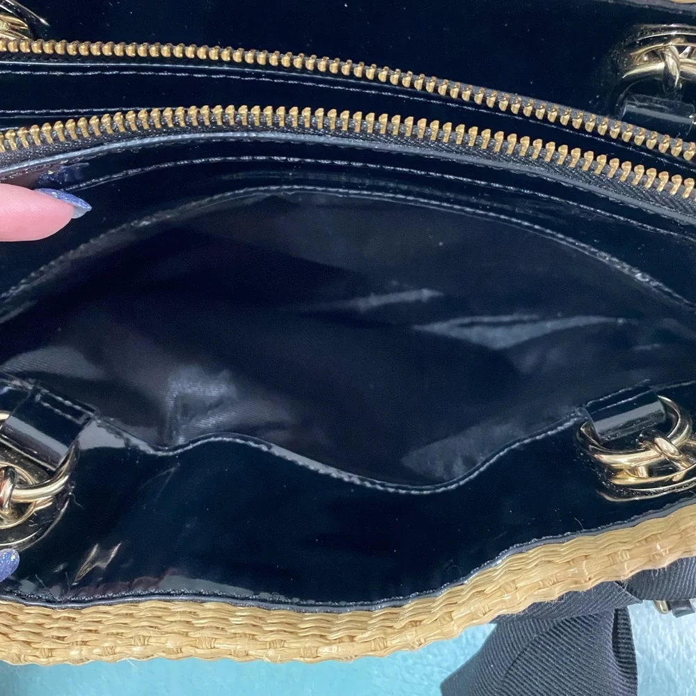 kate spade Black and Tan Striped Straw Tote with Black Bow